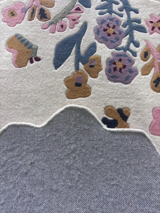 Ivory Floral Butterfly Area Rug, Hand Tufted Oval Scalloped Rug, Pink Purple Blue Wildflower Carpet, Nursery Girls Room Bedroom Decor