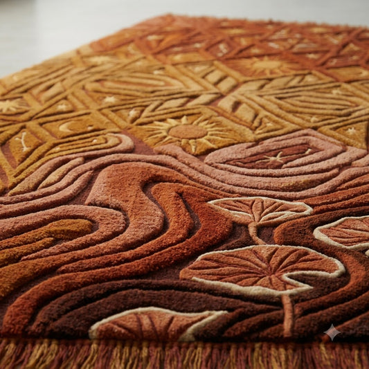 Handmade Wool Area Rug | Rust Orange Nature Design | Abstract Mushroom & Wave Pattern Rug | Hand-Tufted Boho Carpet | Fringe Edge Rug