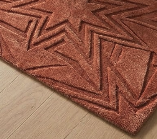 Rust Orange Textured Area Rug, Carved Star Geometric Pattern Carpet, Hand Tufted Wool Rug, Modern Living Room Bohemian Home Decor