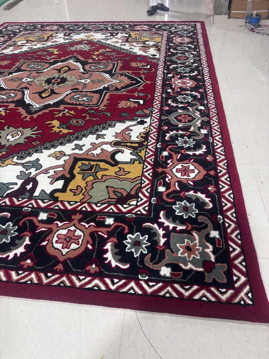 Traditional Persian Style Area Rug, Red Burgundy Medallion Carpet, Oriental Vintage Pattern Rug, Ivory Navy Floral Border, Living Room Rug