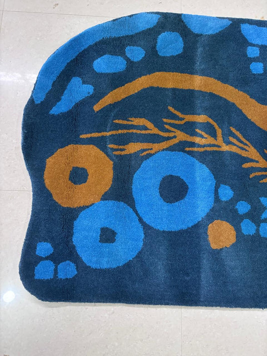 Navy Blue Whimsical Area Rug, Hand Tufted Modern Kids Rug, Abstract Bubbles Stars Carpet, Orange Blue Fun Nursery Playroom Rug