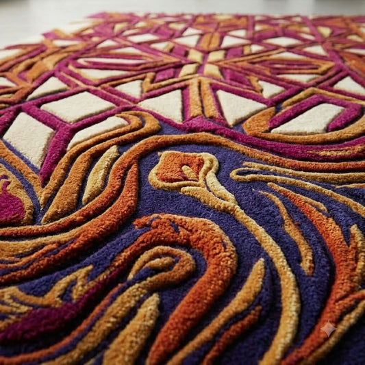 Magenta Gold Area Rug, Bohemian Geometric Pattern Carpet, Hand Tufted Wool Rug, Jewel Tone Statement Rug for Living Room Bedroom