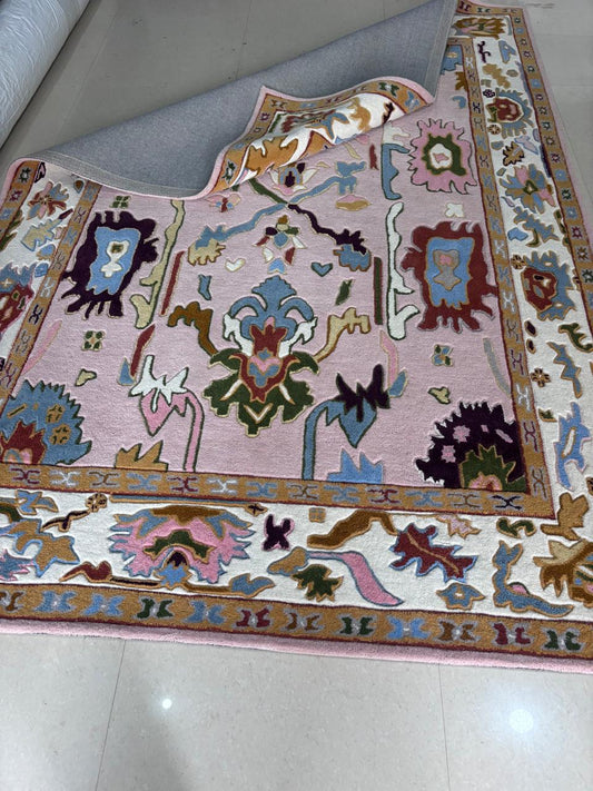 Hand Knotted Pink Oushak Rug, Blush Wool Area Rug, Turkish Style Floral Medallion Carpet, Ivory Multicolor Bohemian Rug for Living Room