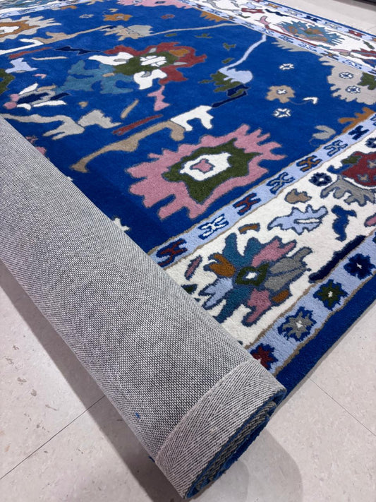 Hand Knotted Oushak Rug, Blue Wool Area Rug, Turkish Style Vintage Look Carpet, Floral Medallion Rug for Living Room, Bedroom Handmade Rug